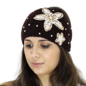 VERY MODA Black Knit Sequin Flower Embellished Headband One Size NWT